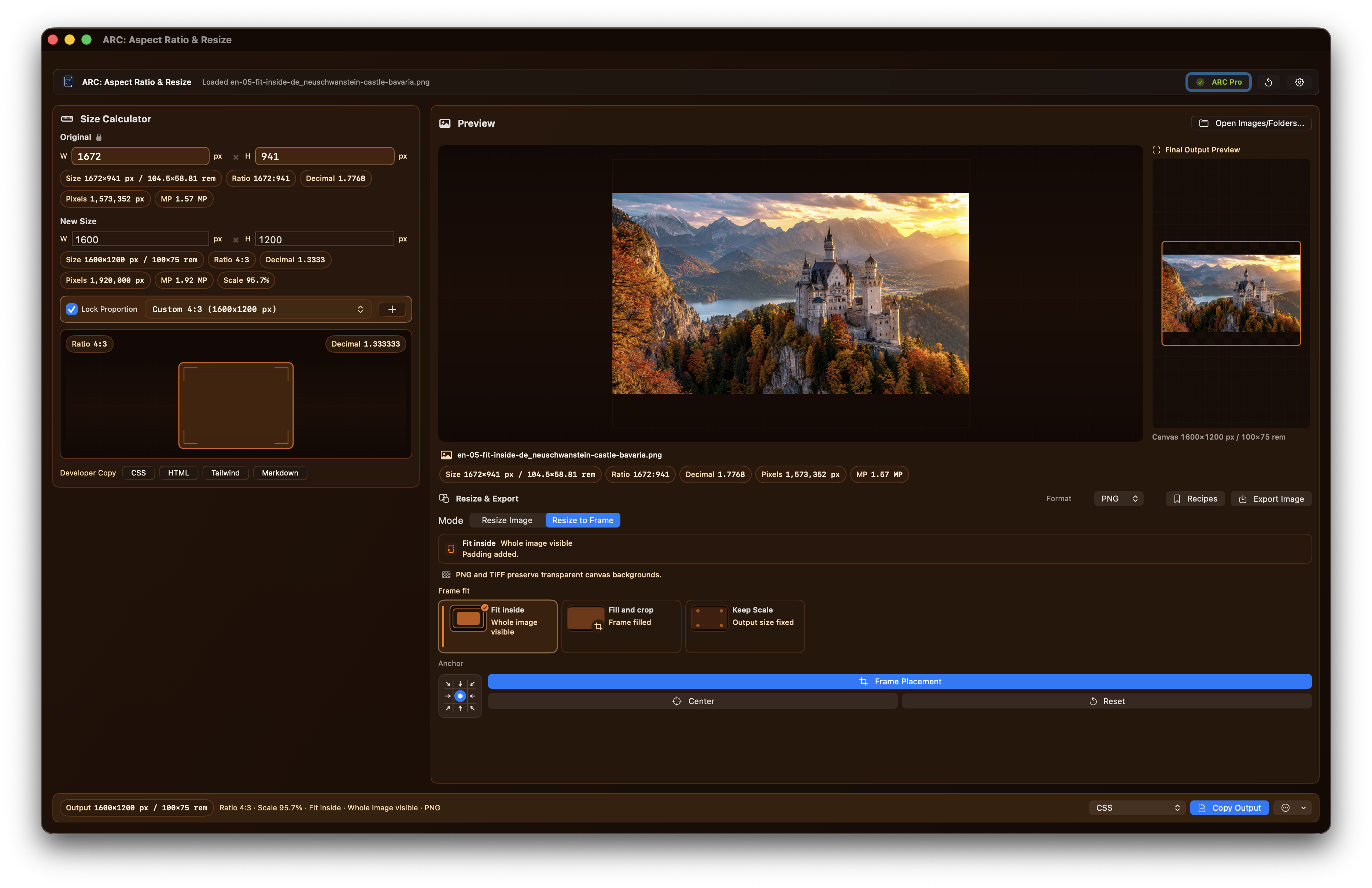 Raw version 2.4 app screenshot showing Resize to Frame with Fit Inside selected and the whole image visible inside the output frame.